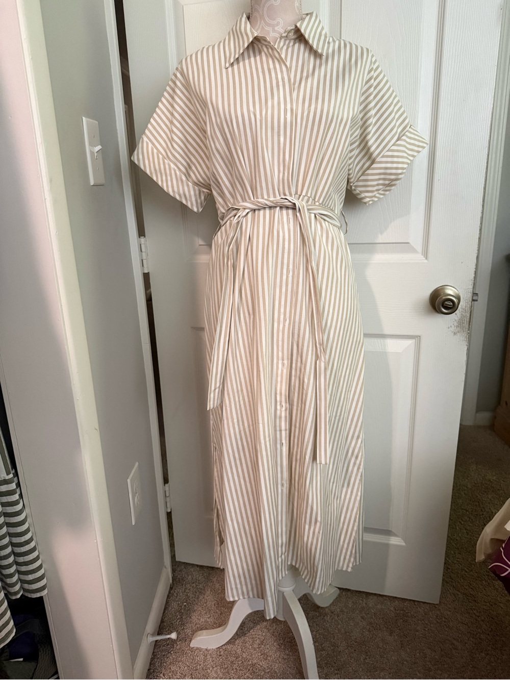 SHEIN Cream and Beige Striped Maxi Shirt Dress with Tie Waist